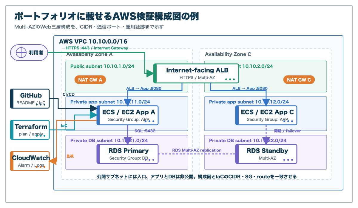 2つのAvailability ZoneにALB、ECSまたはEC2、RDSを配置したAWS三層構成図